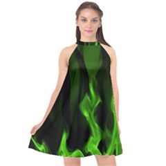 Smoke Flame Abstract Green Halter Neckline Chiffon Dress 