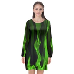 Smoke Flame Abstract Green Long Sleeve Chiffon Shift Dress 