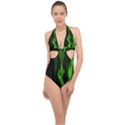 Smoke Flame Abstract Green Halter Front Plunge Swimsuit View1