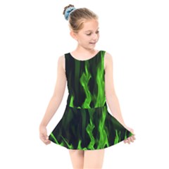 Smoke Flame Abstract Green Kids  Skater Dress Swimsuit