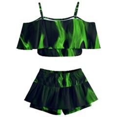 Smoke Flame Abstract Green Kids  Off Shoulder Skirt Bikini by HermanTelo