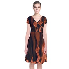 Smoke Flame Abstract Orange Red Short Sleeve Front Wrap Dress