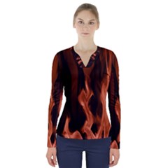 Smoke Flame Abstract Orange Red V-neck Long Sleeve Top