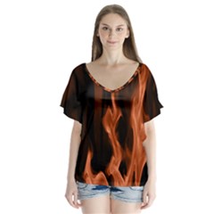 Smoke Flame Abstract Orange Red V-neck Flutter Sleeve Top