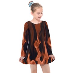 Smoke Flame Abstract Orange Red Kids  Long Sleeve Dress