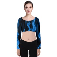 Smoke Flame Abstract Blue Velvet Long Sleeve Crop Top