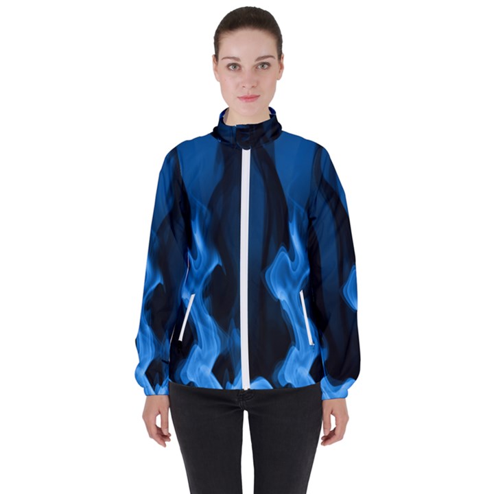 Smoke Flame Abstract Blue Women s High Neck Windbreaker