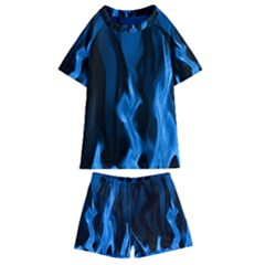 Smoke Flame Abstract Blue Kids  Swim Tee And Shorts Set