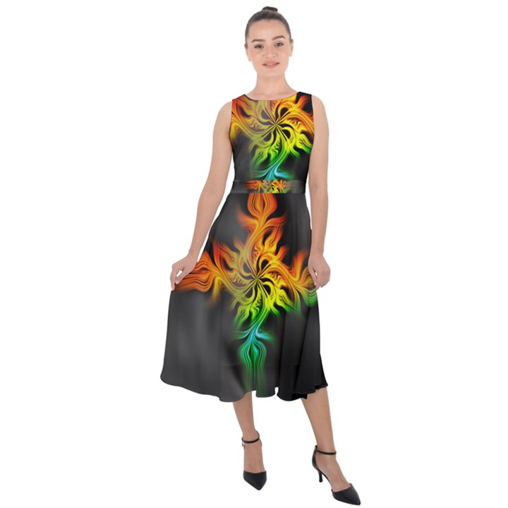 Smoke Rainbow Abstract Fractal Midi Tie-Back Chiffon Dress