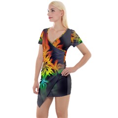 Smoke Rainbow Abstract Fractal Short Sleeve Asymmetric Mini Dress