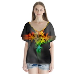 Smoke Rainbow Abstract Fractal V-neck Flutter Sleeve Top