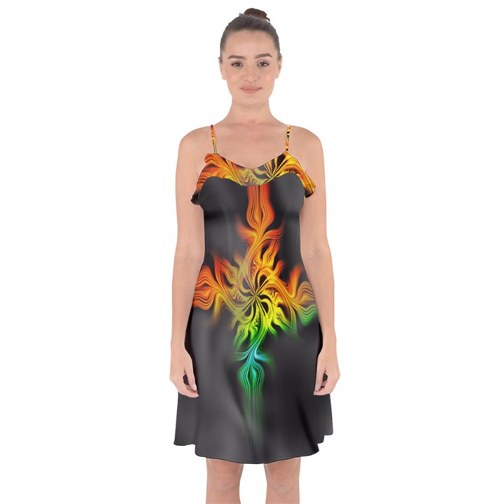 Smoke Rainbow Abstract Fractal Ruffle Detail Chiffon Dress