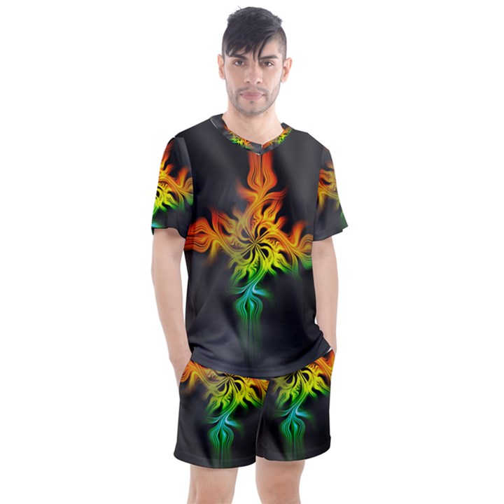 Smoke Rainbow Abstract Fractal Men s Mesh Tee and Shorts Set