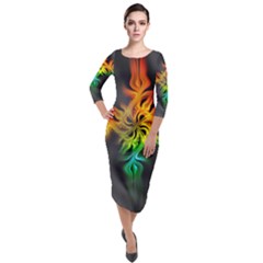 Smoke Rainbow Abstract Fractal Quarter Sleeve Midi Velour Bodycon Dress