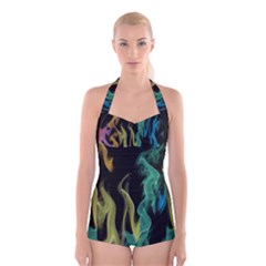 Smoke Rainbow Colors Colorful Fire Boyleg Halter Swimsuit 