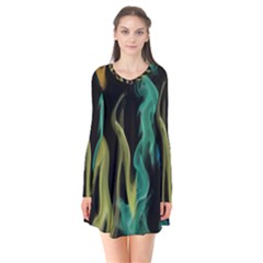 Smoke Rainbow Colors Colorful Fire Long Sleeve V-neck Flare Dress by HermanTelo