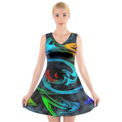 Rainbow Fractal Clouds Stars V-neck Sleeveless Dress by HermanTelo