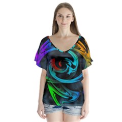 Rainbow Fractal Clouds Stars V-neck Flutter Sleeve Top