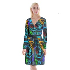 Rainbow Fractal Clouds Stars Long Sleeve Velvet Front Wrap Dress