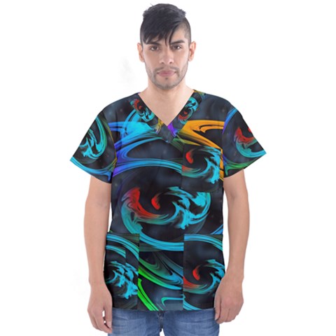 Rainbow Fractal Clouds Stars Men s V-neck Scrub Top by HermanTelo