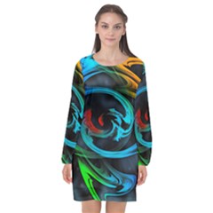 Rainbow Fractal Clouds Stars Long Sleeve Chiffon Shift Dress 