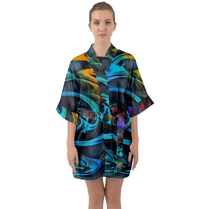 Rainbow Fractal Clouds Stars Quarter Sleeve Kimono Robe