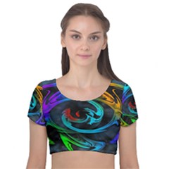 Rainbow Fractal Clouds Stars Velvet Short Sleeve Crop Top 