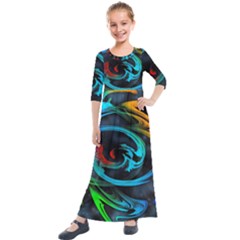 Rainbow Fractal Clouds Stars Kids  Quarter Sleeve Maxi Dress by HermanTelo