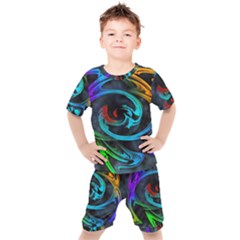 Rainbow Fractal Clouds Stars Kids  Tee And Shorts Set