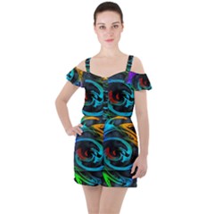 Rainbow Fractal Clouds Stars Ruffle Cut Out Chiffon Playsuit by HermanTelo