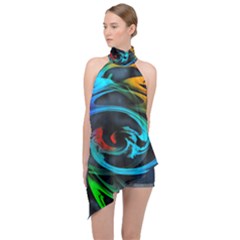 Rainbow Fractal Clouds Stars Halter Asymmetric Satin Top