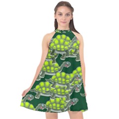 Seamless Turtle Green Halter Neckline Chiffon Dress 