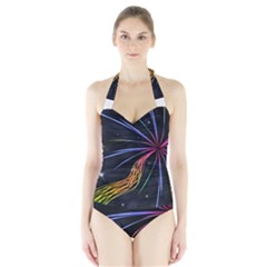 Stars Space Firework Burst Light Halter Swimsuit