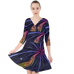 Stars Space Firework Burst Light Quarter Sleeve Front Wrap Dress