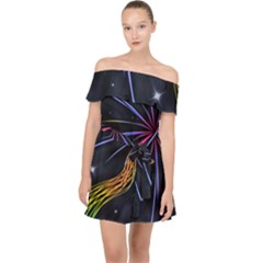 Stars Space Firework Burst Light Off Shoulder Chiffon Dress