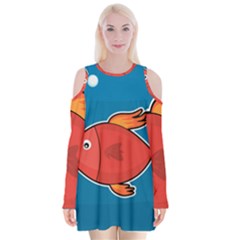 Sketch Nature Water Fish Cute Velvet Long Sleeve Shoulder Cutout Dress by HermanTelo