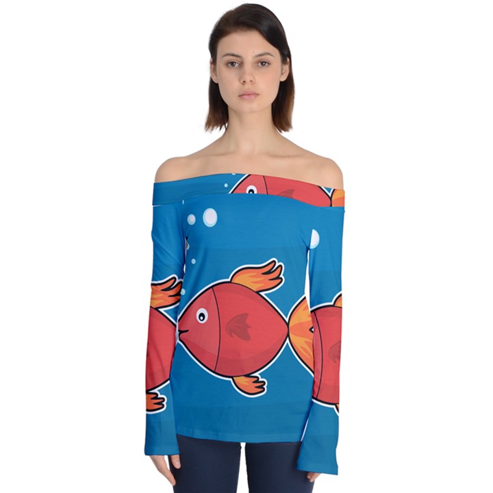 Sketch Nature Water Fish Cute Off Shoulder Long Sleeve Top