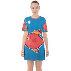 Sketch Nature Water Fish Cute Sixties Short Sleeve Mini Dress