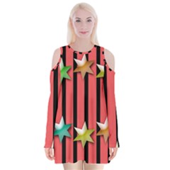 Star Christmas Greeting Velvet Long Sleeve Shoulder Cutout Dress by HermanTelo