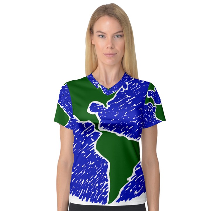 Globe Drawing Earth Ocean V-Neck Sport Mesh Tee