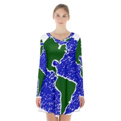 Globe Drawing Earth Ocean Long Sleeve Velvet V-neck Dress