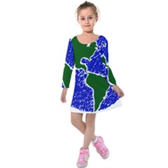 Globe Drawing Earth Ocean Kids  Long Sleeve Velvet Dress by HermanTelo