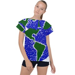 Globe Drawing Earth Ocean Ruffle Collar Chiffon Blouse