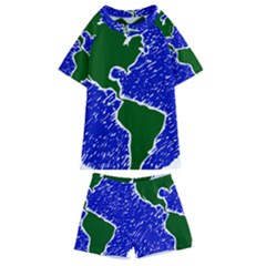 Globe Drawing Earth Ocean Kids  Swim Tee And Shorts Set