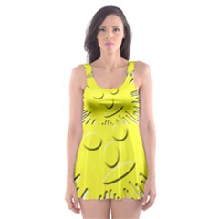 Smilie Sun Emoticon Yellow Cheeky Skater Dress Swimsuit by HermanTelo