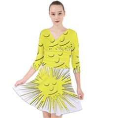 Smilie Sun Emoticon Yellow Cheeky Quarter Sleeve Front Wrap Dress