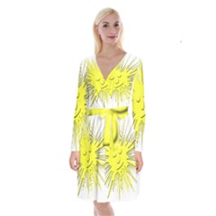 Smilie Sun Emoticon Yellow Cheeky Long Sleeve Velvet Front Wrap Dress by HermanTelo