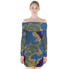 Map Geography World Long Sleeve Off Shoulder Dress