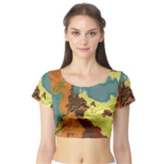 Map Geography World Yellow Short Sleeve Crop Top by HermanTelo