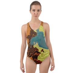 Map Geography World Yellow Cut-out Back One Piece Swimsuit